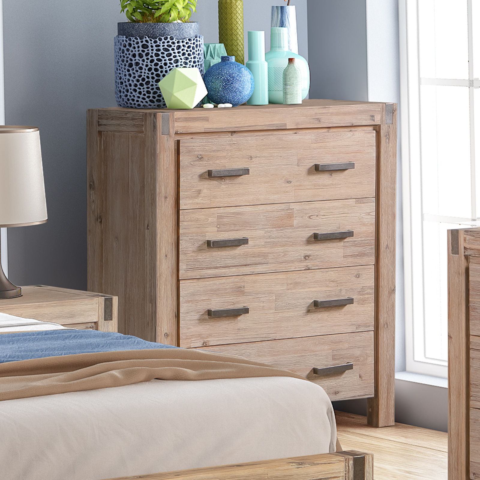 Barton 4 Drawers L95 x W42 x H110cm Tallboy - Light Oak