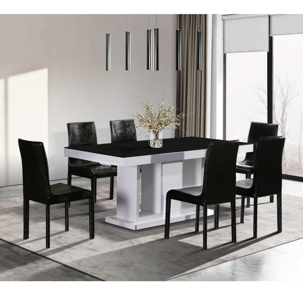 LINCOLN 180x90x75cm High Gloss Dining Table With 6X Black Chairs