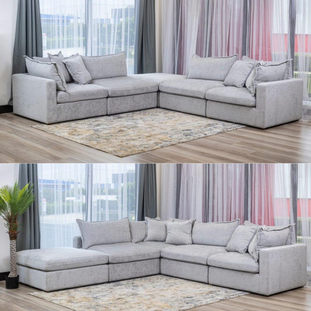 Brunswick Modular 5 Seaters with Ottoman Lounge-Fabric-Silver