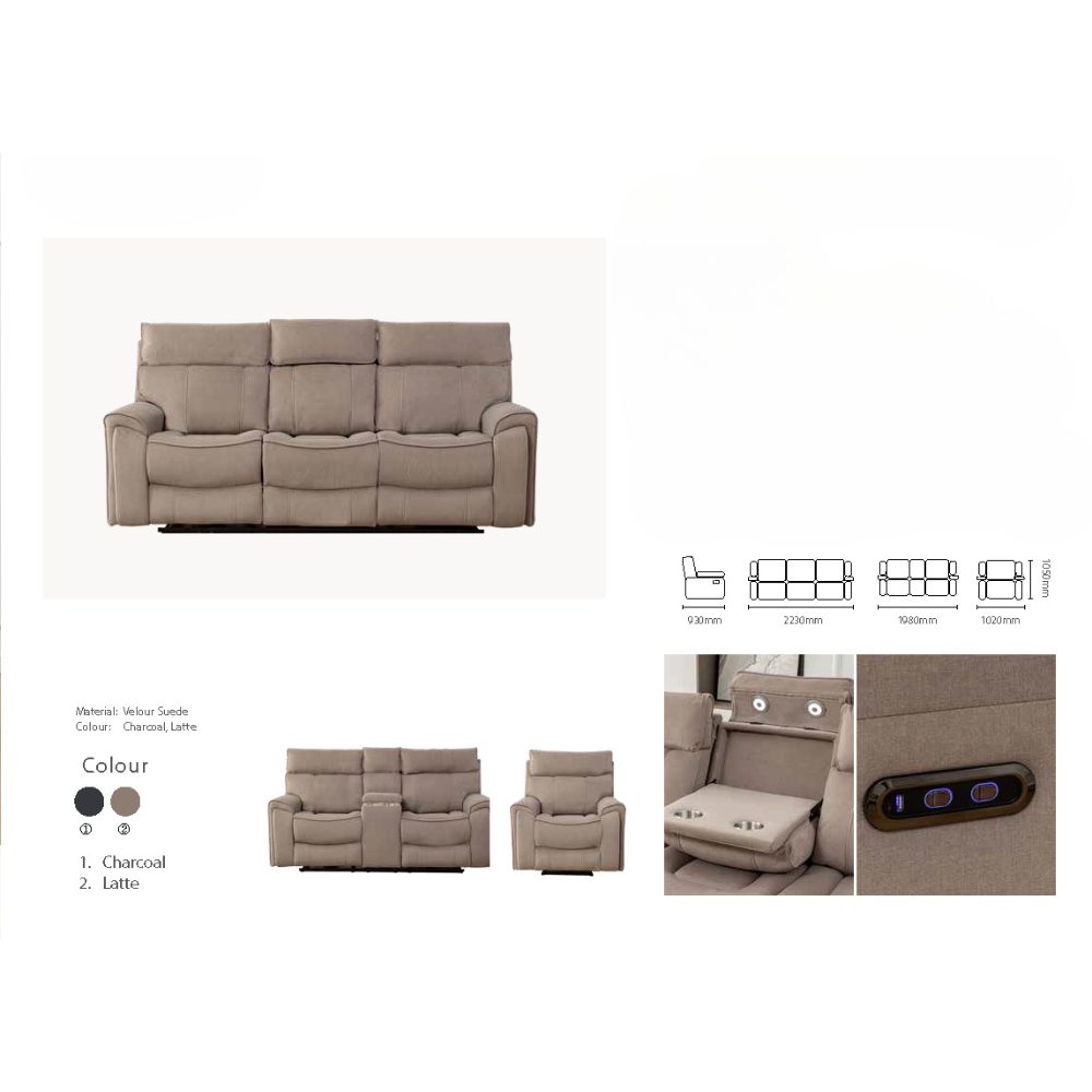 Century 3+2+1 Seater Electric Sofa Recliner Suite-Fabric-Latte Color