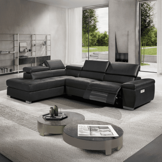 Dover Leather 2 Seater Sofa with Large left Chase-Black