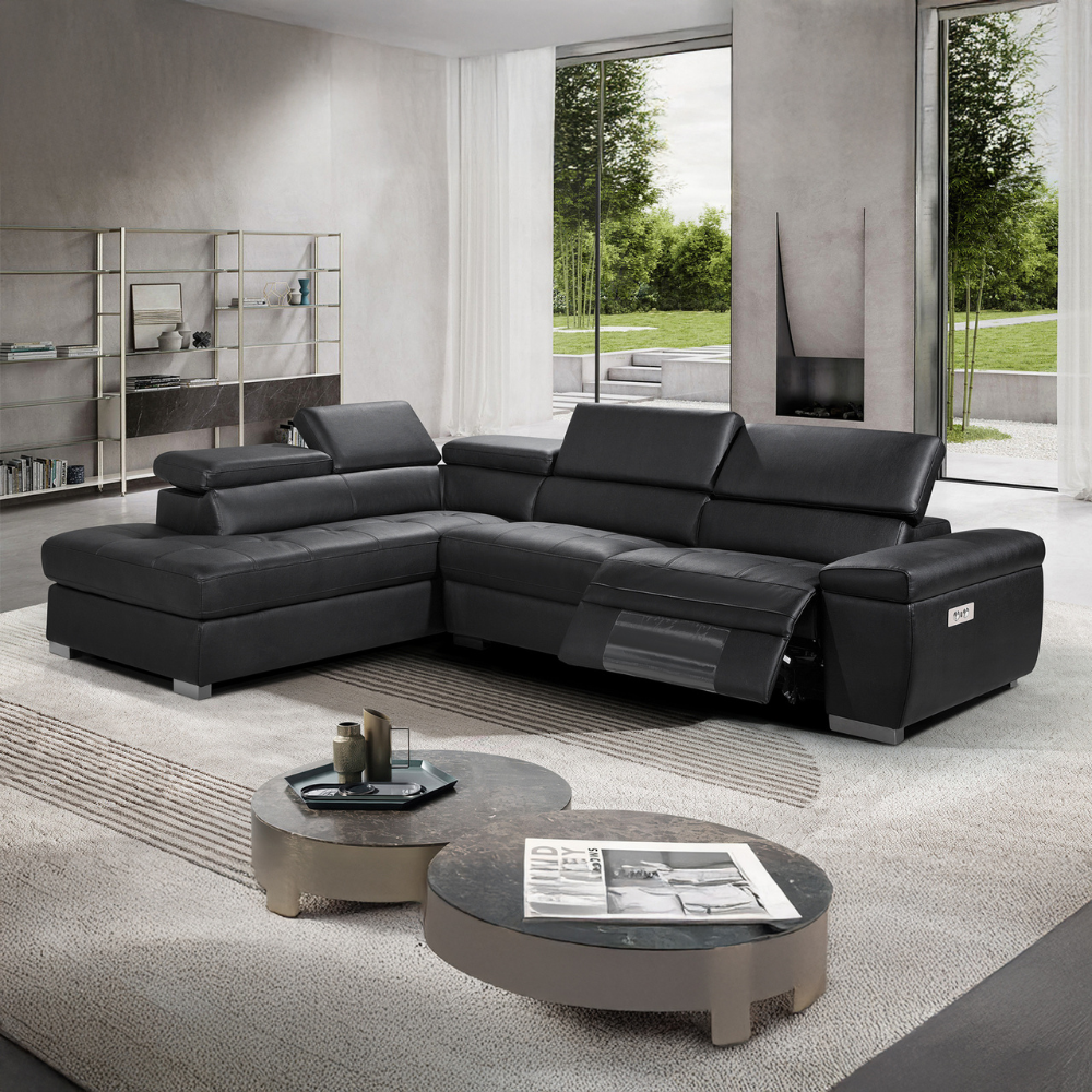 Dover Leather 2 Seater Sofa with Large left Chase-Black