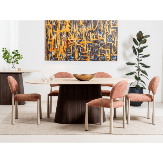 Bring sophistication to your dining space with this stunning dining table, designed to impress with both form and function. Featuring a luxurious stone top in a refined travertine finish, the smooth surface adds timeless charm and elegance to any setting. The sturdy corrugated MDF base, finished in a rich espresso tone, offers strong support while introducing a bold contrast that enhances the overall design. This harmonious blend of modern aesthetics and classic appeal makes the table a standout centerpiece—perfect for everyday meals or hosting special occasions. https://carlislefurnitureandbedding.au/