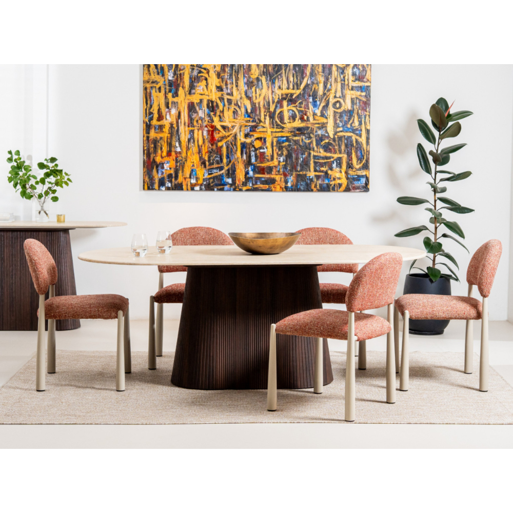 Bring sophistication to your dining space with this stunning dining table, designed to impress with both form and function. Featuring a luxurious stone top in a refined travertine finish, the smooth surface adds timeless charm and elegance to any setting. The sturdy corrugated MDF base, finished in a rich espresso tone, offers strong support while introducing a bold contrast that enhances the overall design. This harmonious blend of modern aesthetics and classic appeal makes the table a standout centerpiece—perfect for everyday meals or hosting special occasions. https://carlislefurnitureandbedding.au/