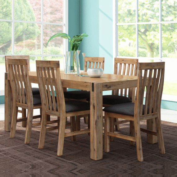 Amira 7 PCS Solid Acacia Timber Large Dining Table 180x95x78cm With 6X Chair-Oak